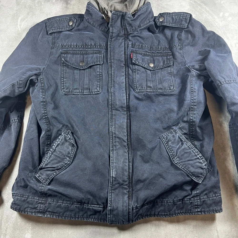 Levis Black Trucker Military Utility‎ Jacket Quilted Lined Zip Hood Large